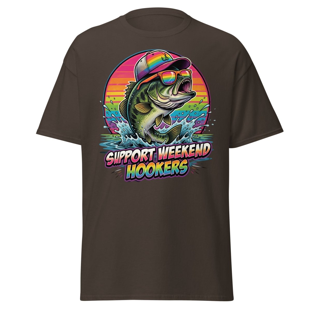 Support Weekend Hookers Funny Fishing T-Shirt - Dark Chocolate - TeeRipple