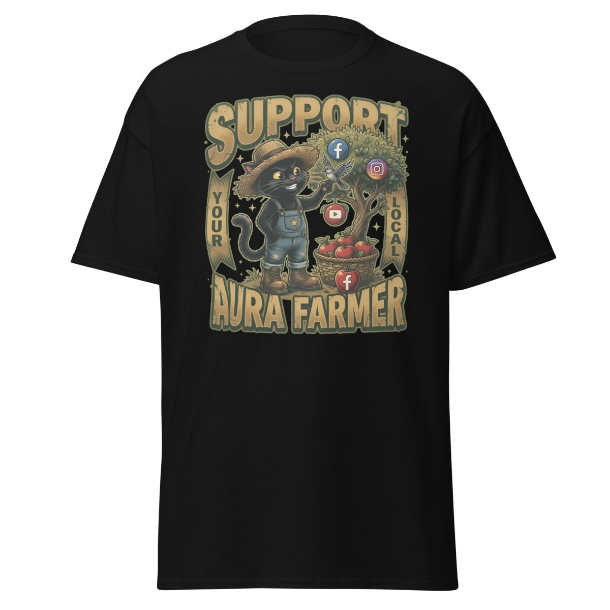Support Your Local Aura Farmer Funny Cat T-Shirt - Black - TeeRipple