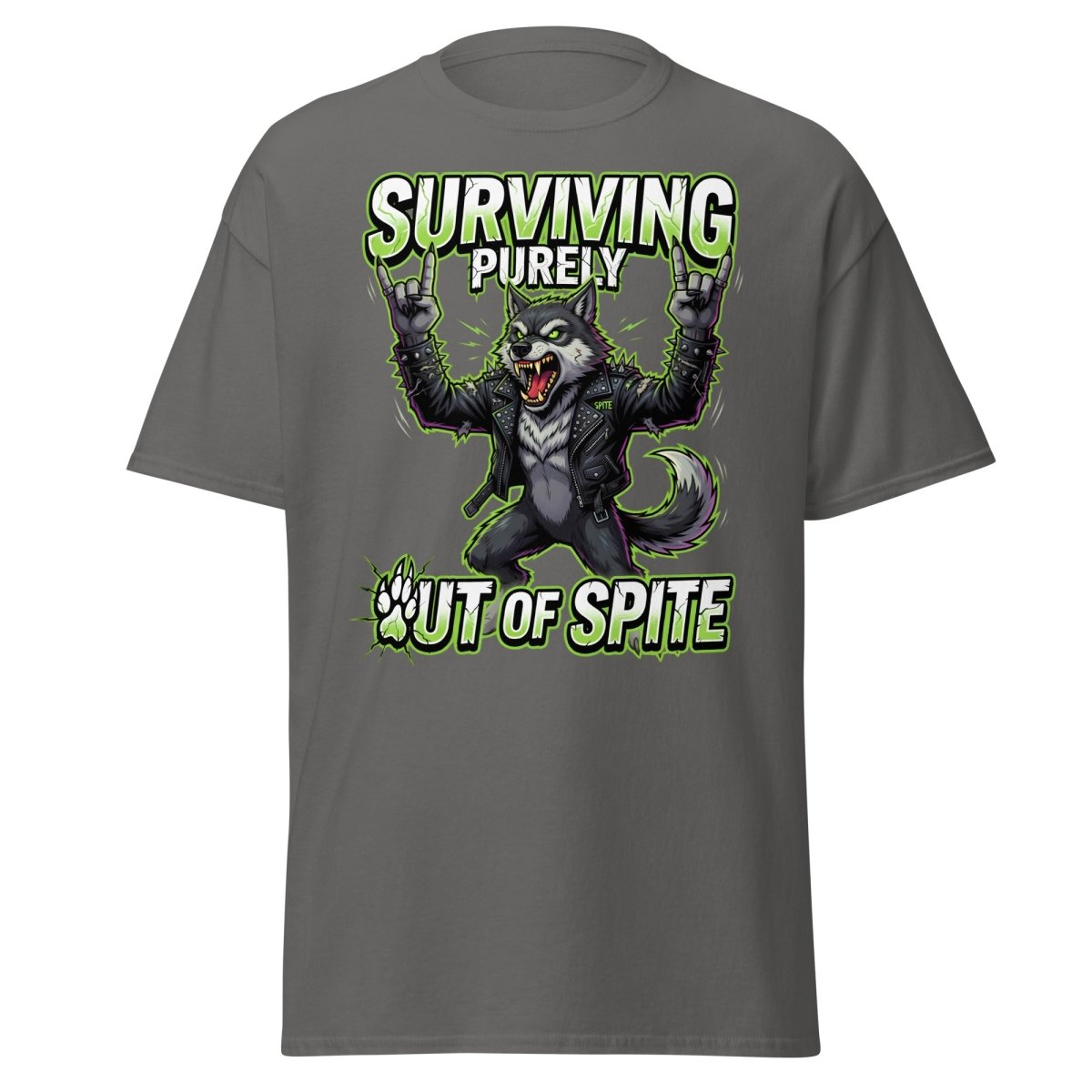 Surviving Purely Out of Spite Punk Wolf T-Shirt - Charcoal - TeeRipple