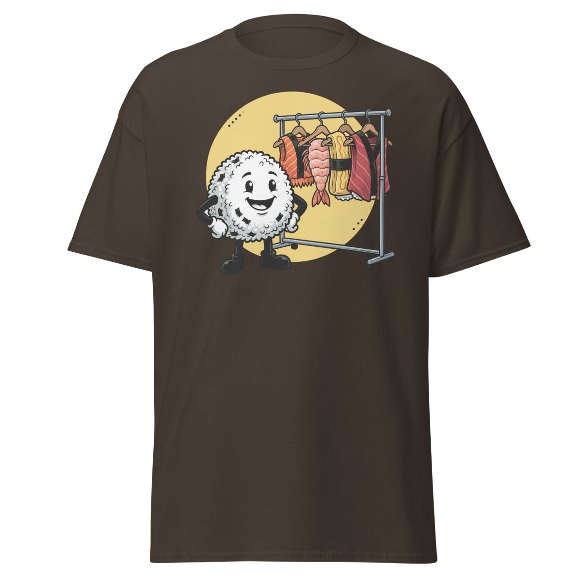 Sushi Roll Model Funny Cartoon T-Shirt - Sushi Fashion Tee - Dark Chocolate - TeeRipple