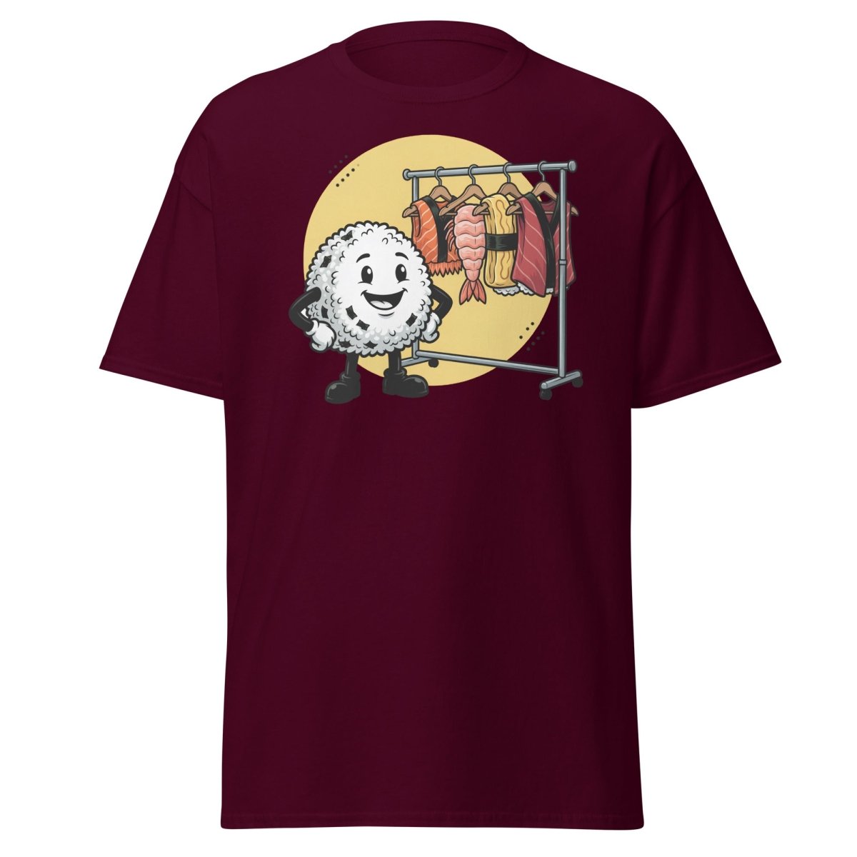 Sushi Roll Model Funny Cartoon T-Shirt - Sushi Fashion Tee - Maroon - TeeRipple