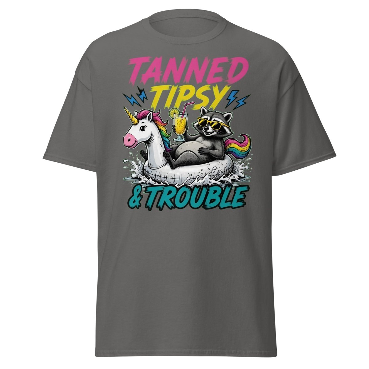 Tanned Tipsy & Trouble Raccoon Unicorn Float T-Shirt - Charcoal - TeeRipple