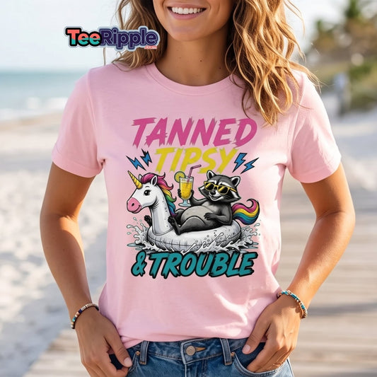 Tanned Tipsy & Trouble Raccoon Unicorn Float T-Shirt - Maroon - TeeRipple