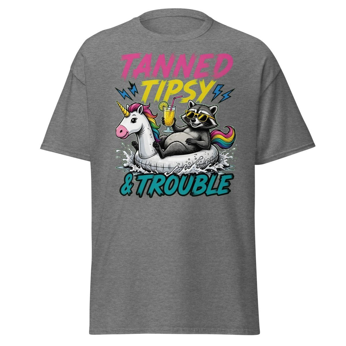 Tanned Tipsy & Trouble Raccoon Unicorn Float T-Shirt - Graphite Heather - TeeRipple