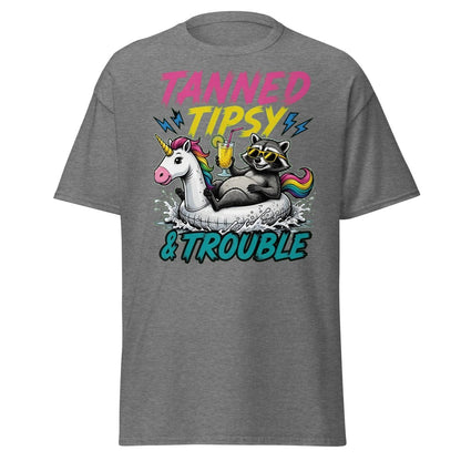 Tanned Tipsy & Trouble Raccoon Unicorn Float T-Shirt - Graphite Heather - TeeRipple