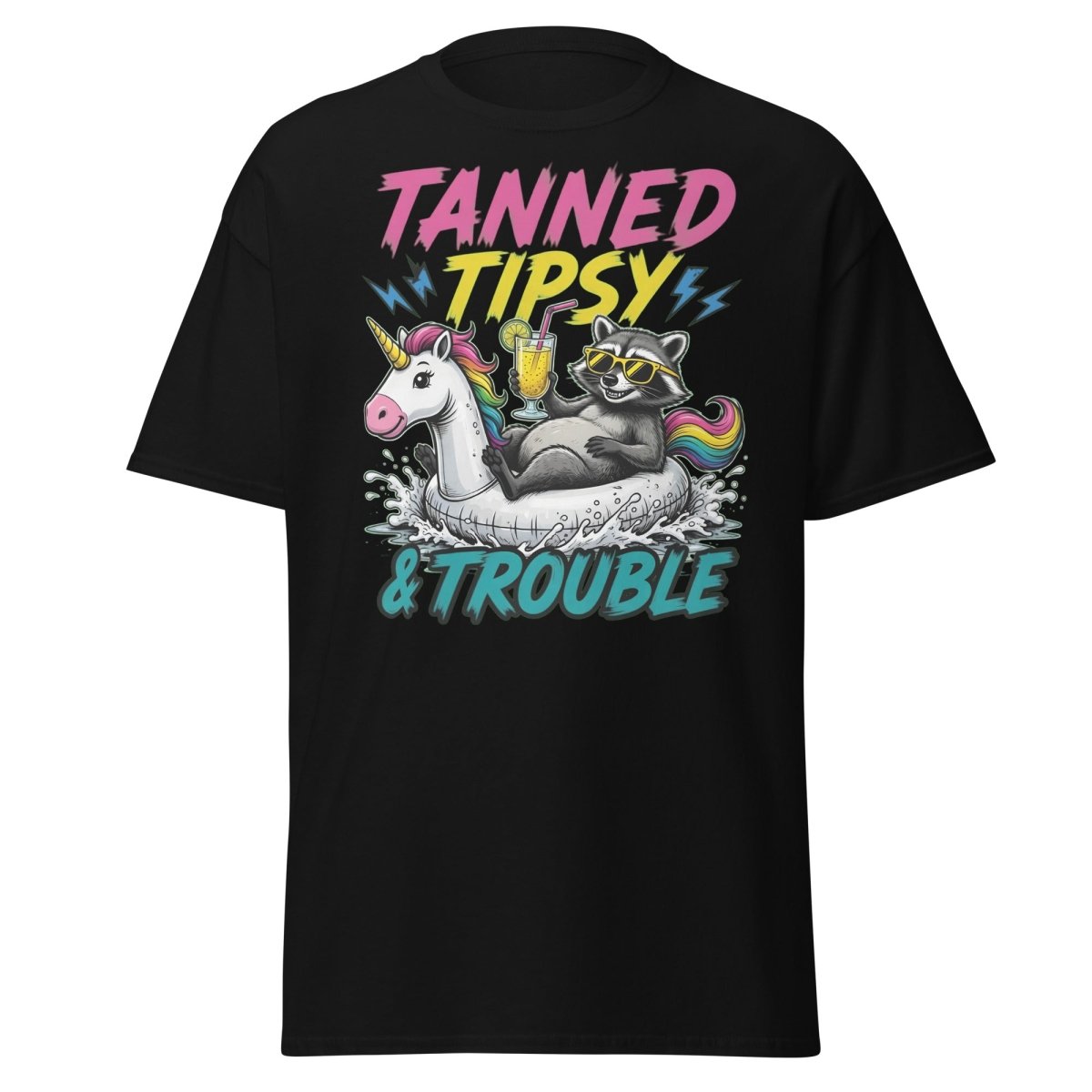 Tanned Tipsy & Trouble Raccoon Unicorn Float T-Shirt - Black - TeeRipple