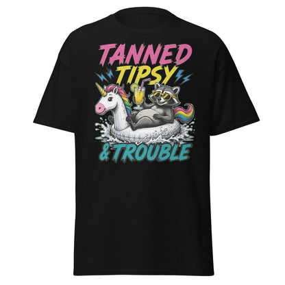 Tanned Tipsy & Trouble Raccoon Unicorn Float T-Shirt - Black - TeeRipple