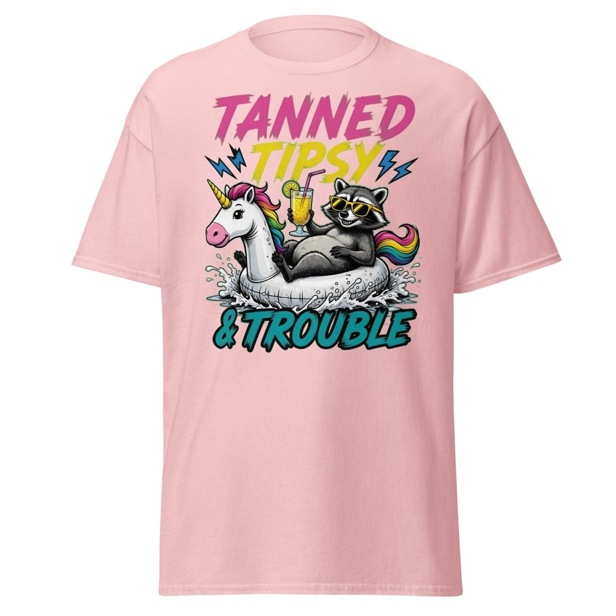 Tanned Tipsy & Trouble Raccoon Unicorn Float T-Shirt - Light Pink - TeeRipple