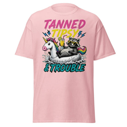 Tanned Tipsy & Trouble Raccoon Unicorn Float T-Shirt - Light Pink - TeeRipple