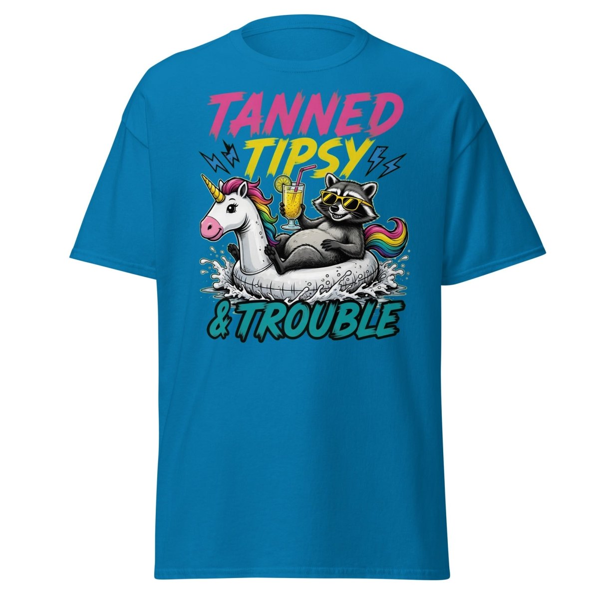 Tanned Tipsy & Trouble Raccoon Unicorn Float T-Shirt - Sapphire - TeeRipple