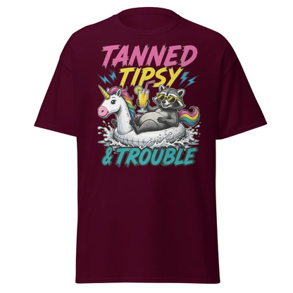 Tanned Tipsy & Trouble Raccoon Unicorn Float T-Shirt - Maroon - TeeRipple