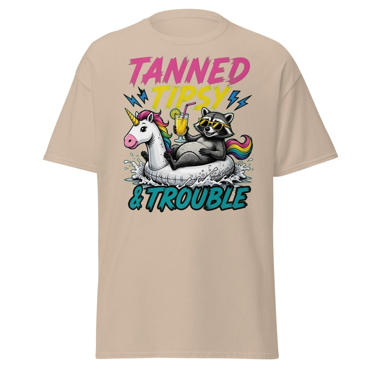 Tanned Tipsy & Trouble Raccoon Unicorn Float T-Shirt - Sand - TeeRipple