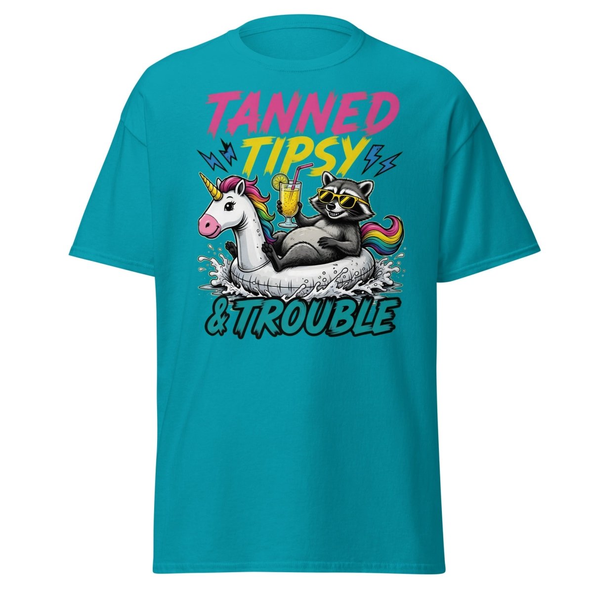 Tanned Tipsy & Trouble Raccoon Unicorn Float T-Shirt - Tropical Blue - TeeRipple