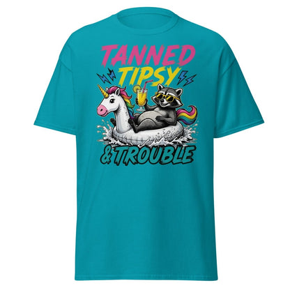 Tanned Tipsy & Trouble Raccoon Unicorn Float T-Shirt - Tropical Blue - TeeRipple