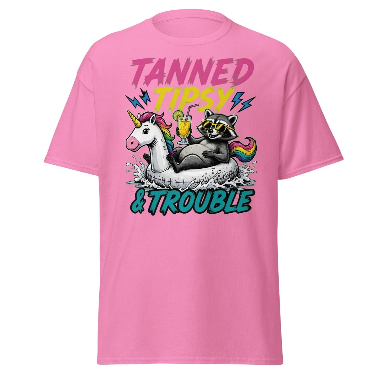 Tanned Tipsy & Trouble Raccoon Unicorn Float T-Shirt - Azalea - TeeRipple
