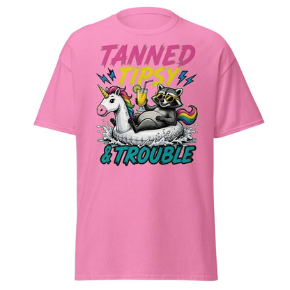 Tanned Tipsy & Trouble Raccoon Unicorn Float T-Shirt - Azalea - TeeRipple