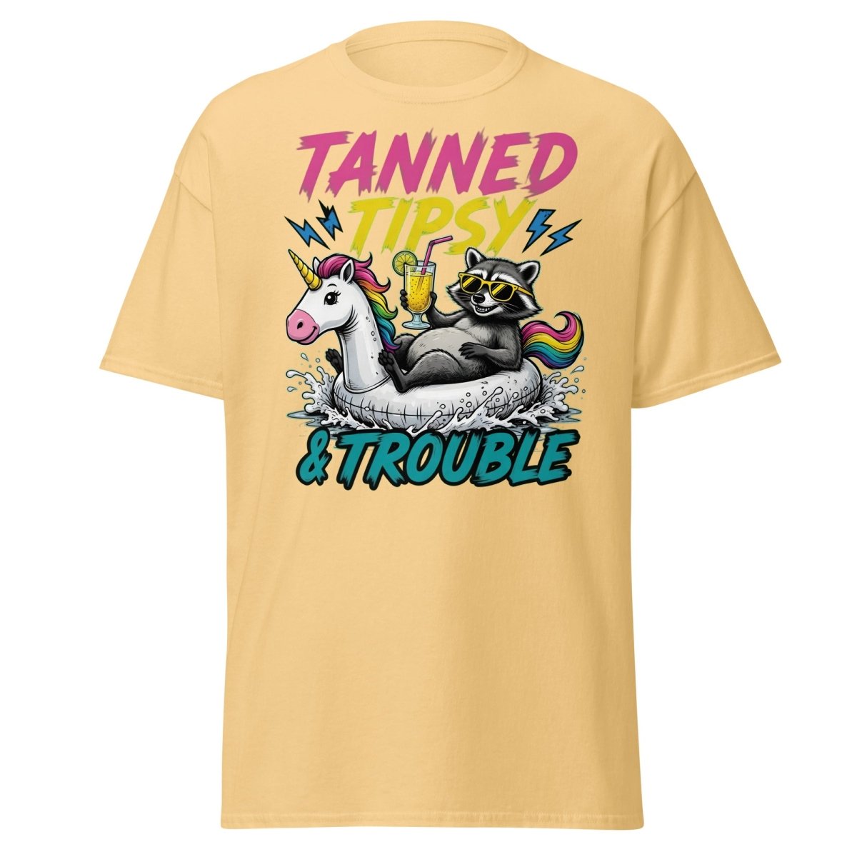 Tanned Tipsy & Trouble Raccoon Unicorn Float T-Shirt - Yellow Haze - TeeRipple