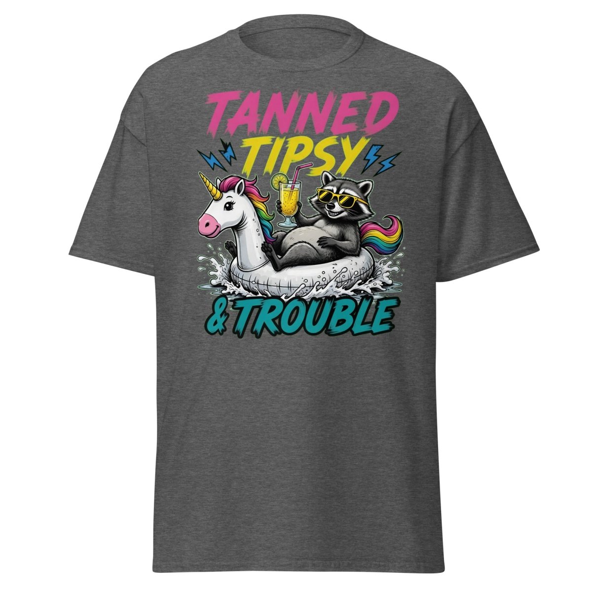 Tanned Tipsy & Trouble Raccoon Unicorn Float T-Shirt - Dark Heather - TeeRipple