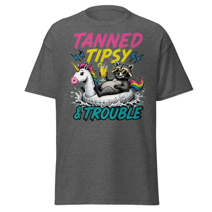 Tanned Tipsy & Trouble Raccoon Unicorn Float T-Shirt - Dark Heather - TeeRipple