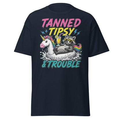 Tanned Tipsy & Trouble Raccoon Unicorn Float T-Shirt - Navy - TeeRipple