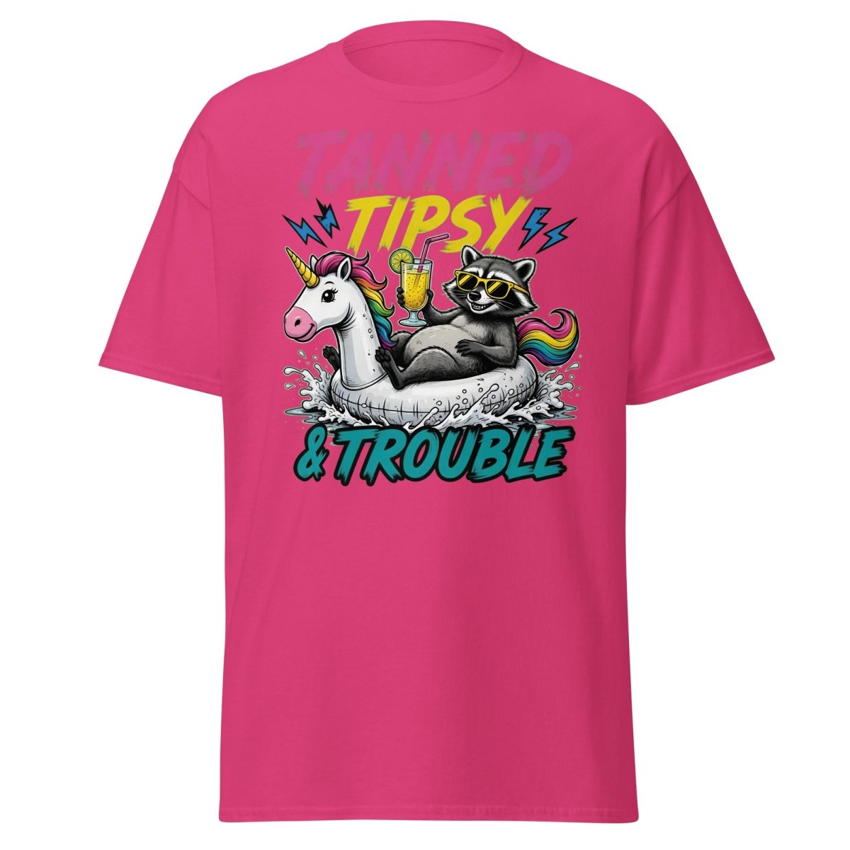 Tanned Tipsy & Trouble Raccoon Unicorn Float T-Shirt - Heliconia - TeeRipple