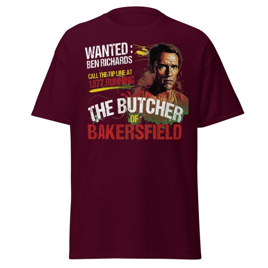 The Butcher of Bakersfield Running Man Arnold T-Shirt - Maroon - TeeRipple