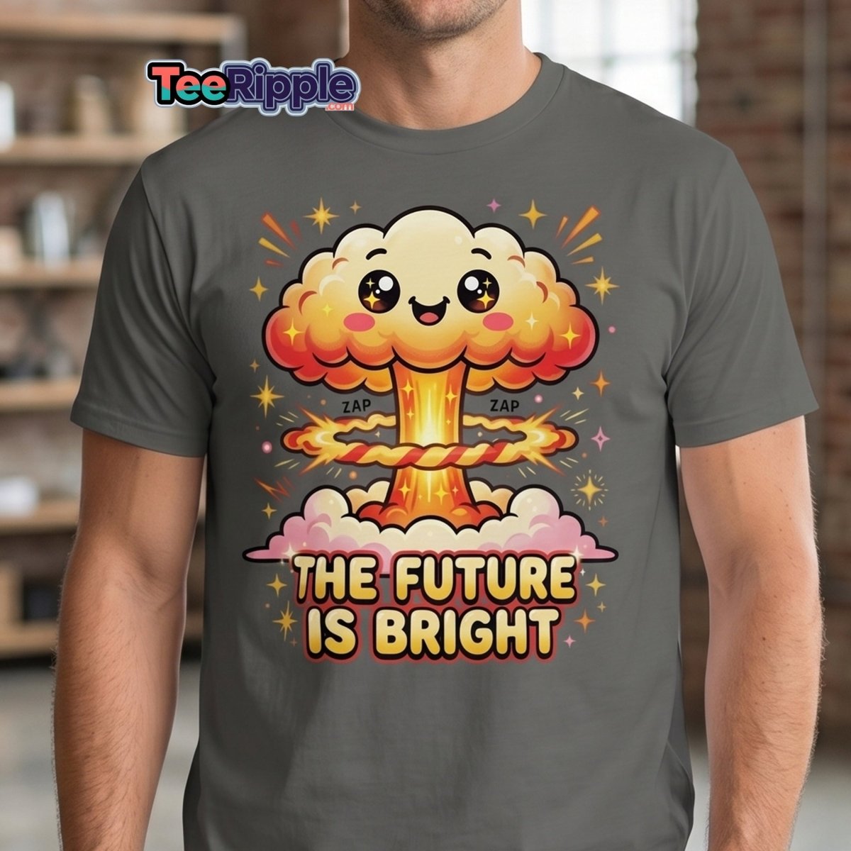 The Future Is Bright Cute Mushroom Cloud T-Shirt - Black - TeeRipple