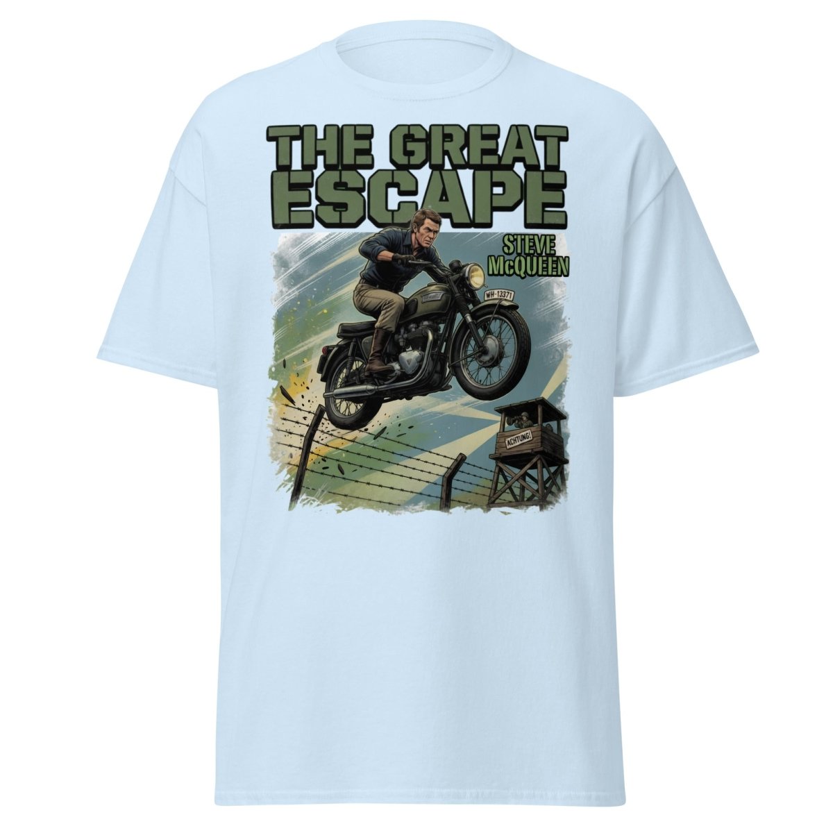 The Great Escape Steve McQueen Motorcycle T-Shirt - Light Blue - TeeRipple