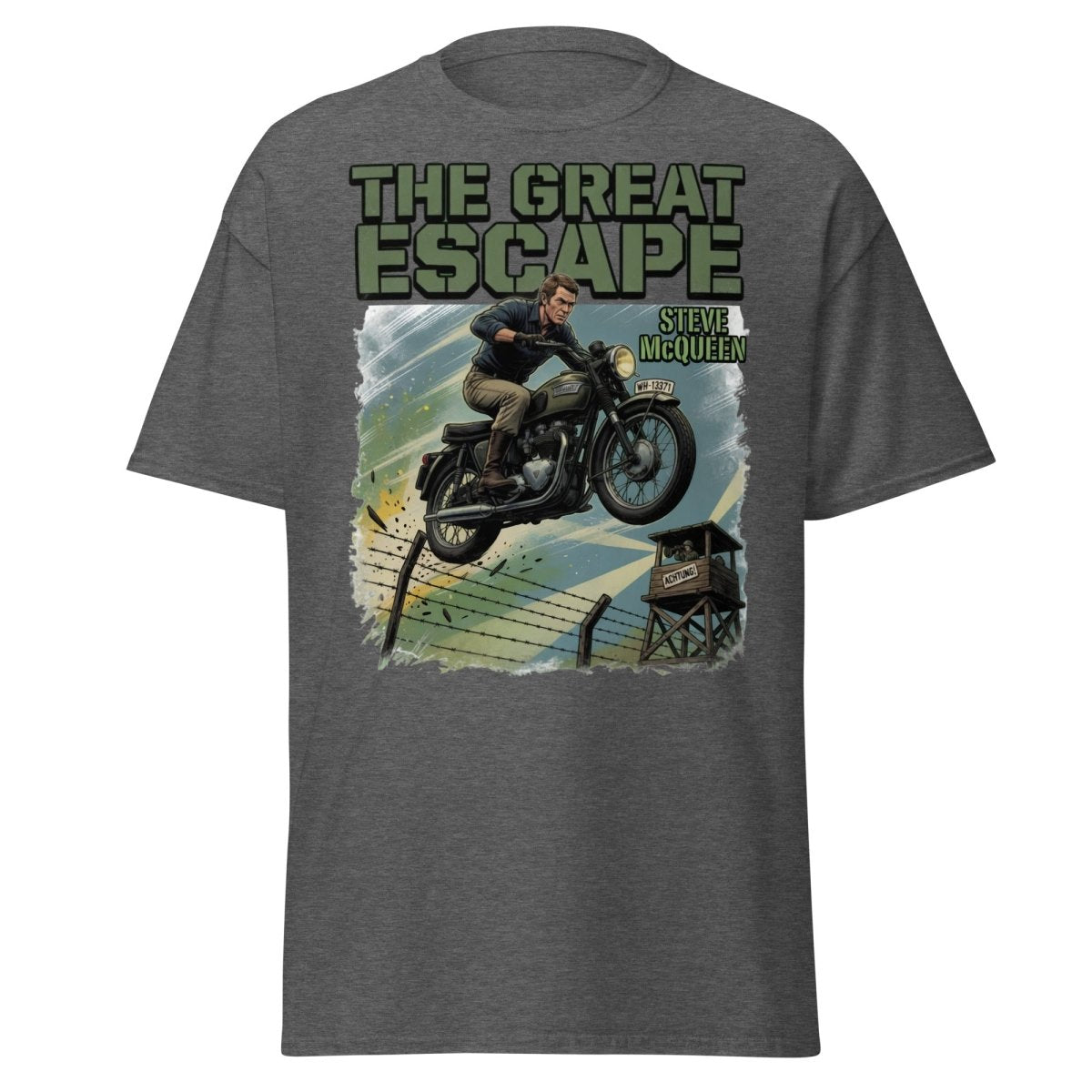 The Great Escape Steve McQueen Motorcycle T-Shirt - Dark Heather - TeeRipple