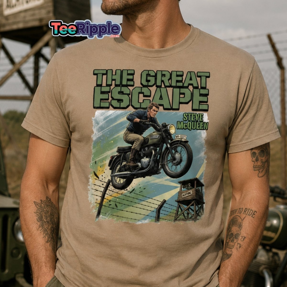 The Great Escape Steve McQueen Motorcycle T-Shirt - Dark Heather - TeeRipple