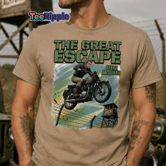 The Great Escape Steve McQueen Motorcycle T-Shirt - Dark Heather - TeeRipple