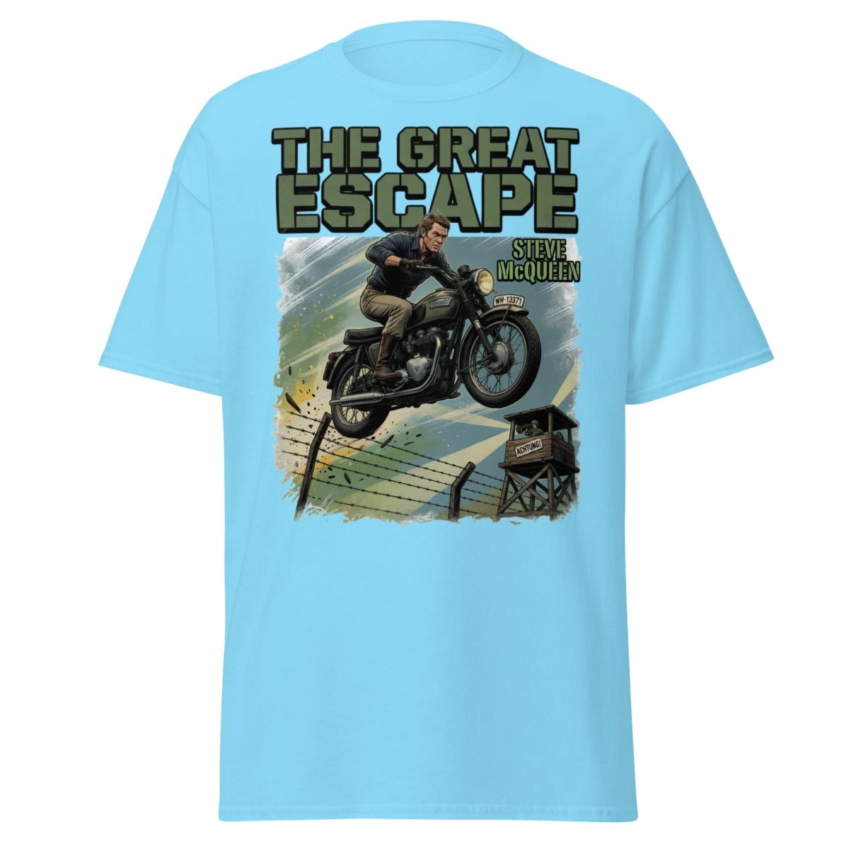 The Great Escape Steve McQueen Motorcycle T-Shirt - Sky - TeeRipple