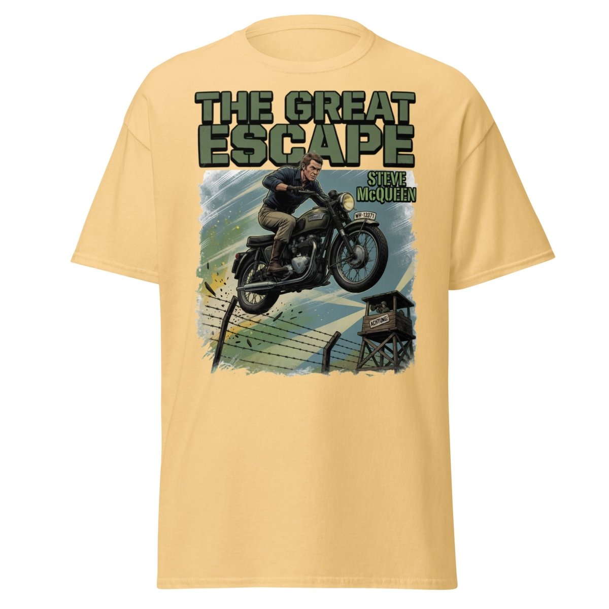 The Great Escape Steve McQueen Motorcycle T-Shirt - Yellow Haze - TeeRipple