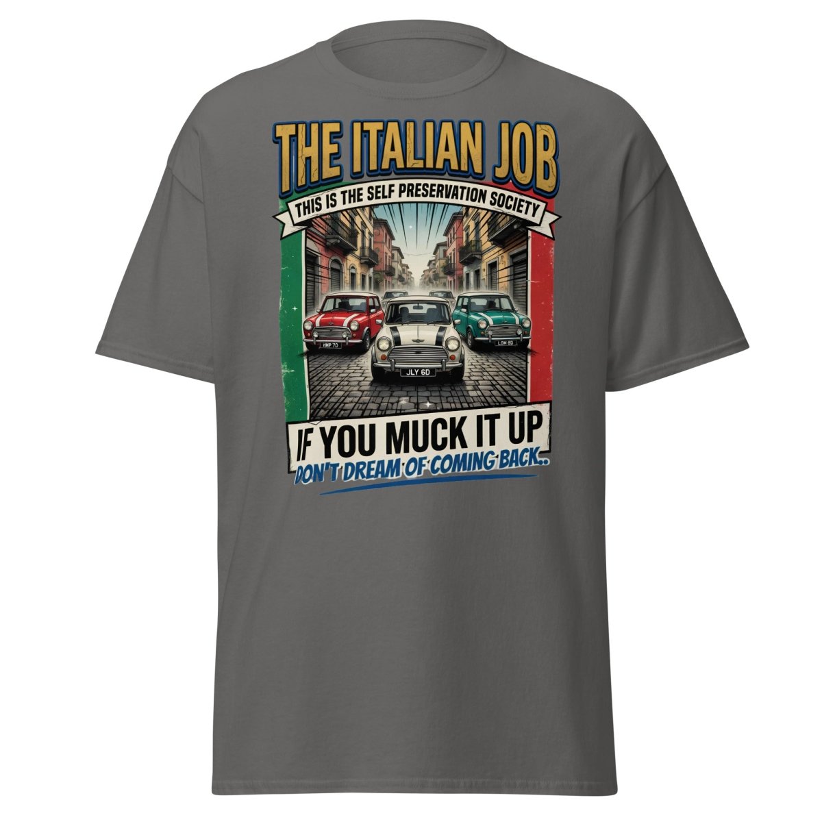 The Italian Job Mini Cooper T-Shirt - Self Preservation Society - Charcoal - TeeRipple