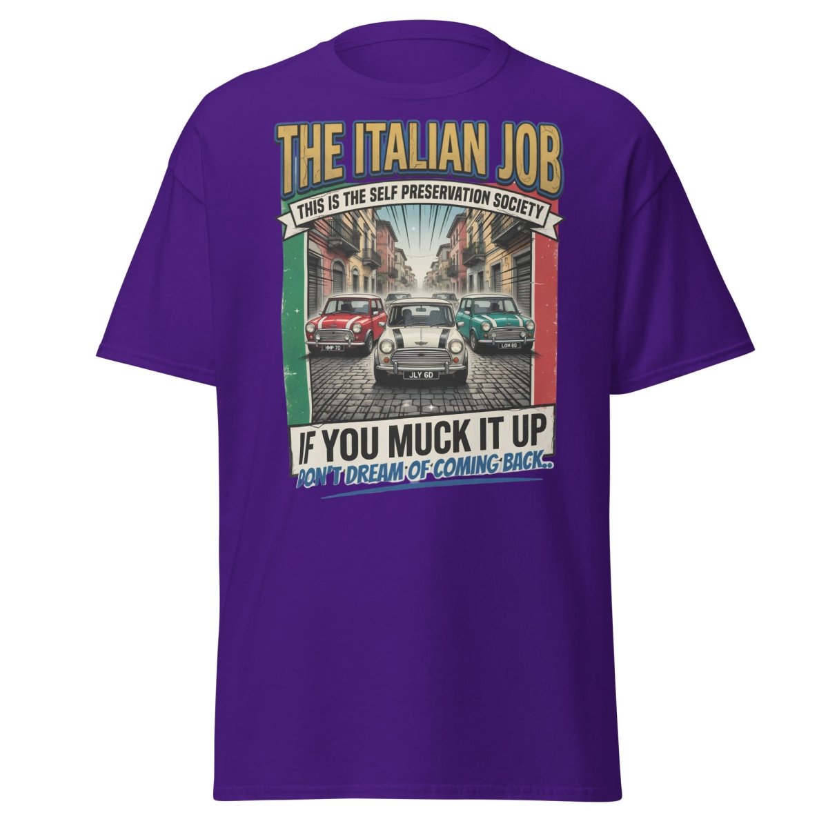 The Italian Job Mini Cooper T-Shirt - Self Preservation Society - Purple - TeeRipple