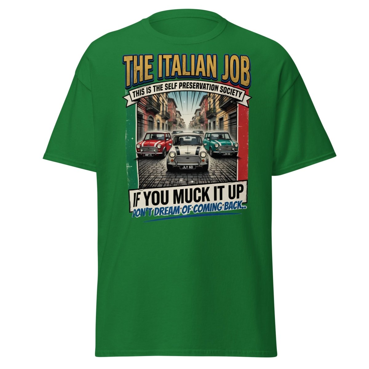 The Italian Job Mini Cooper T-Shirt - Self Preservation Society - Turf Green - TeeRipple