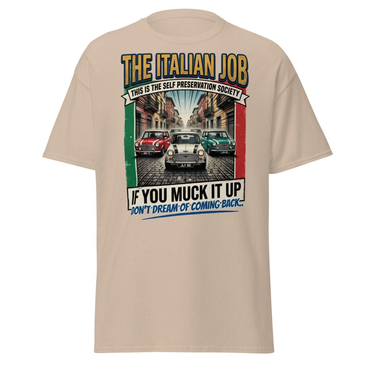 The Italian Job Mini Cooper T-Shirt - Self Preservation Society - Sand - TeeRipple