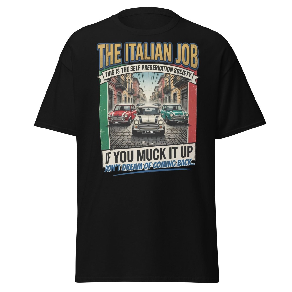 The Italian Job Mini Cooper T-Shirt - Self Preservation Society - Black - TeeRipple
