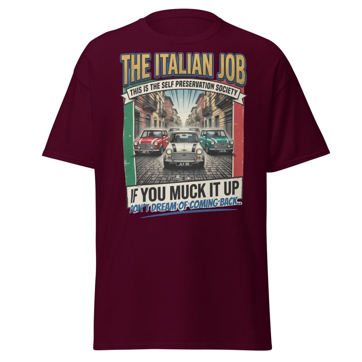 The Italian Job Mini Cooper T-Shirt - Self Preservation Society - Maroon - TeeRipple