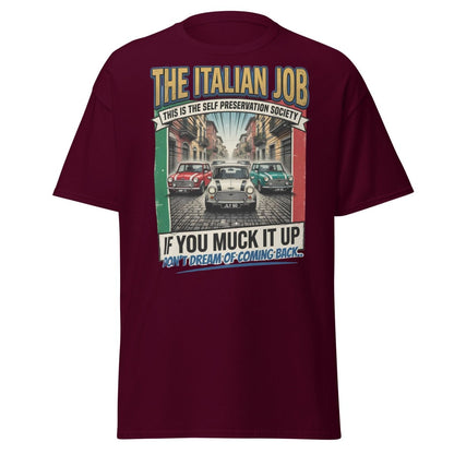 The Italian Job Mini Cooper T-Shirt - Self Preservation Society - Maroon - TeeRipple