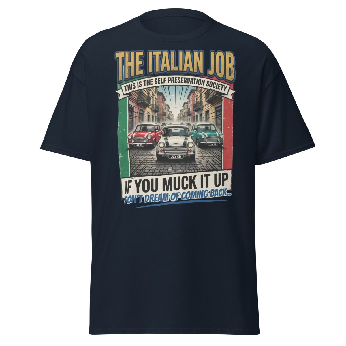 The Italian Job Mini Cooper T-Shirt - Self Preservation Society - Navy - TeeRipple