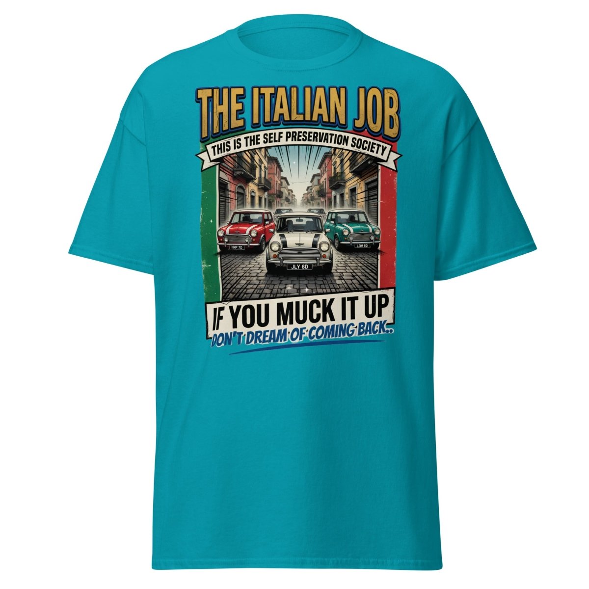 The Italian Job Mini Cooper T-Shirt - Self Preservation Society - Tropical Blue - TeeRipple