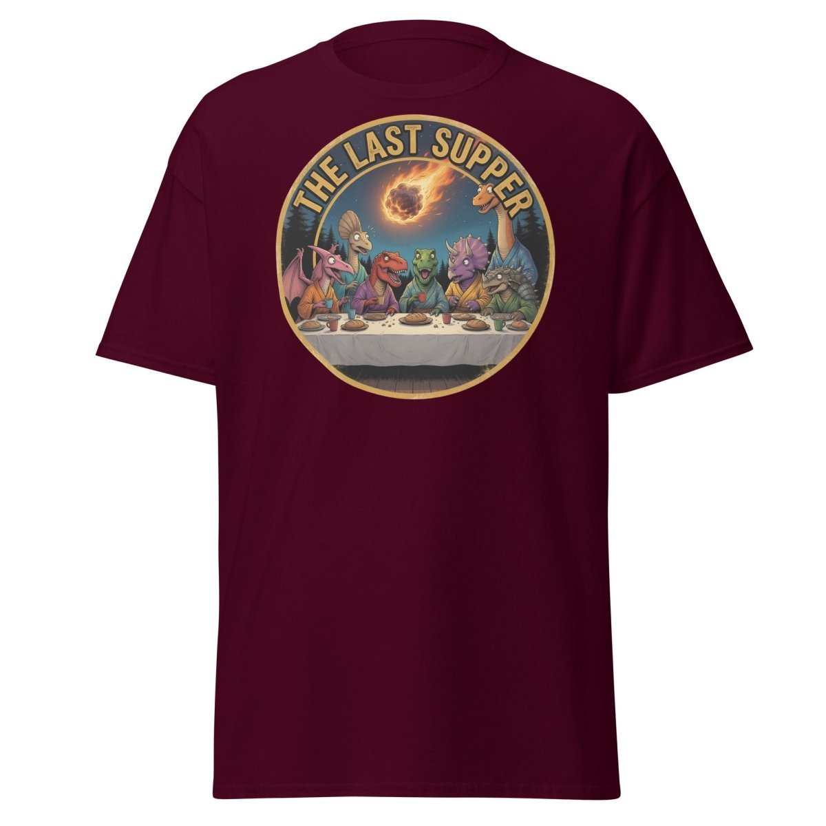 The Last Supper Dinosaur T-Shirt - Funny Dino Apocalypse Tee - Maroon - TeeRipple