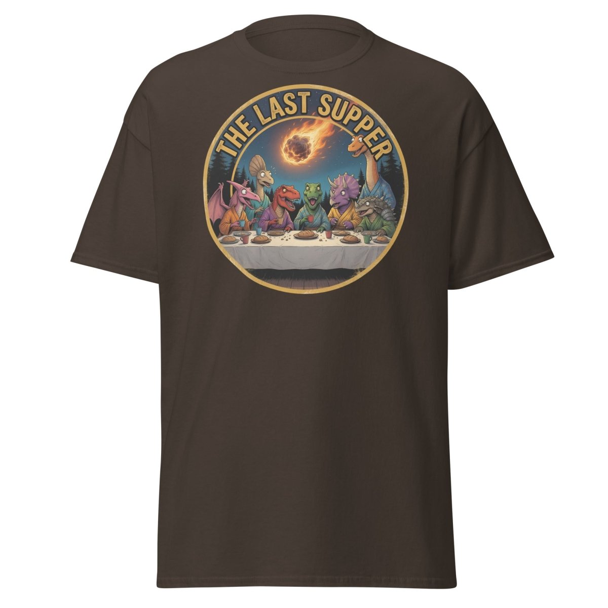 The Last Supper Dinosaur T-Shirt - Funny Dino Apocalypse Tee - Dark Chocolate - TeeRipple