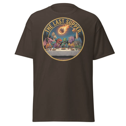 The Last Supper Dinosaur T-Shirt - Funny Dino Apocalypse Tee - Dark Chocolate - TeeRipple