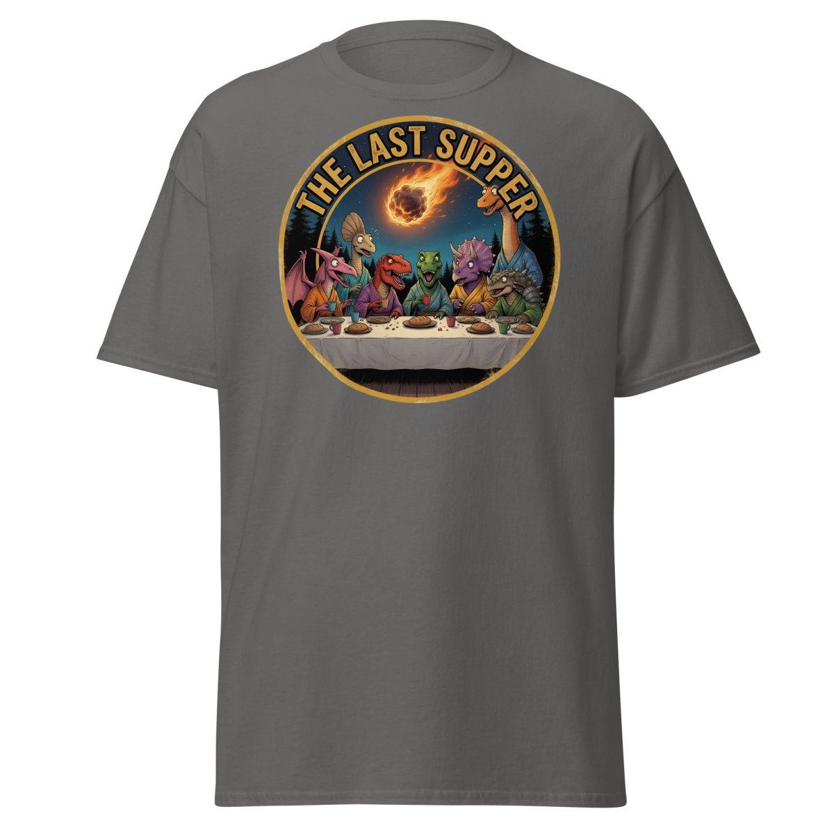 The Last Supper Dinosaur T-Shirt - Funny Dino Apocalypse Tee - Charcoal - TeeRipple