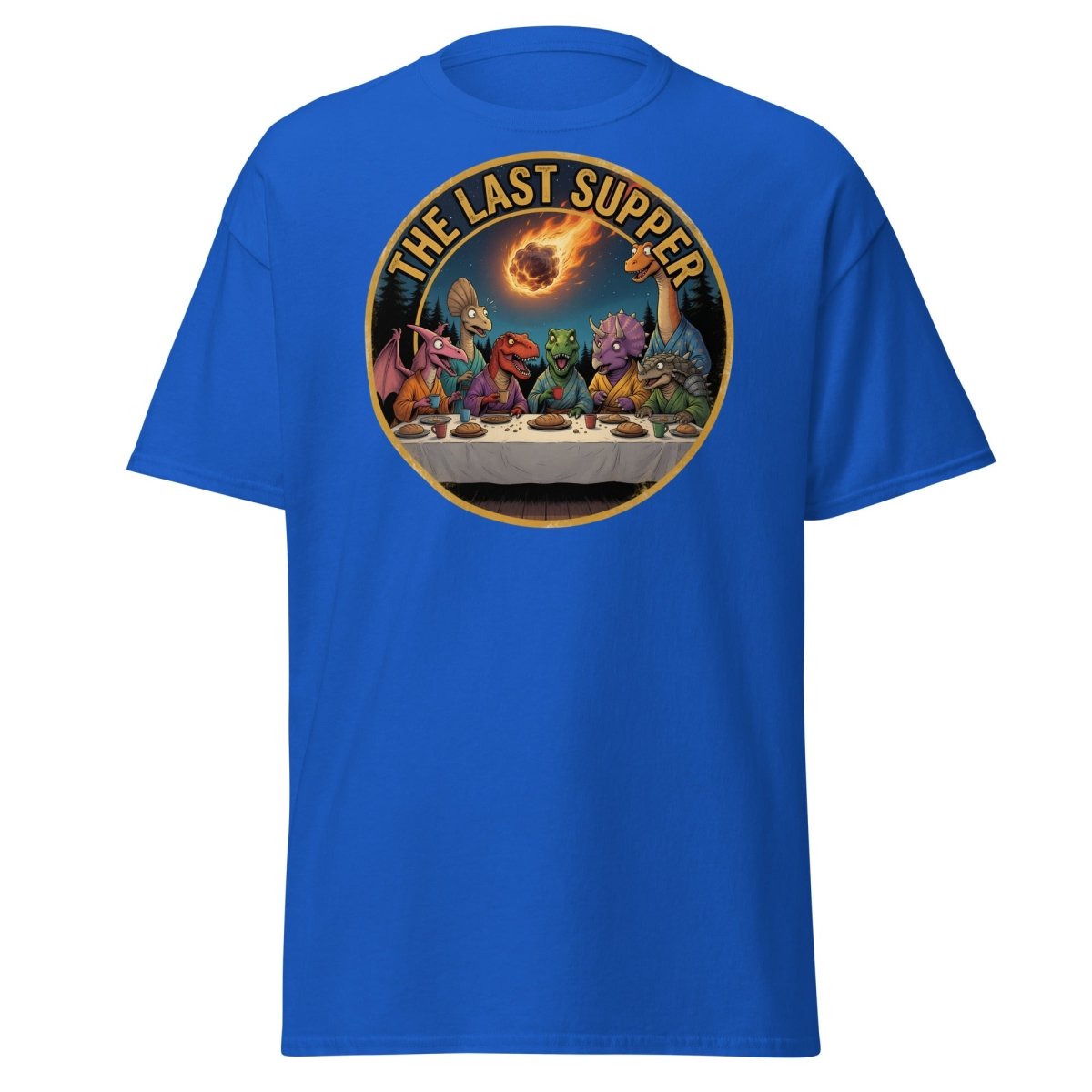 The Last Supper Dinosaur T-Shirt - Funny Dino Apocalypse Tee - Royal - TeeRipple