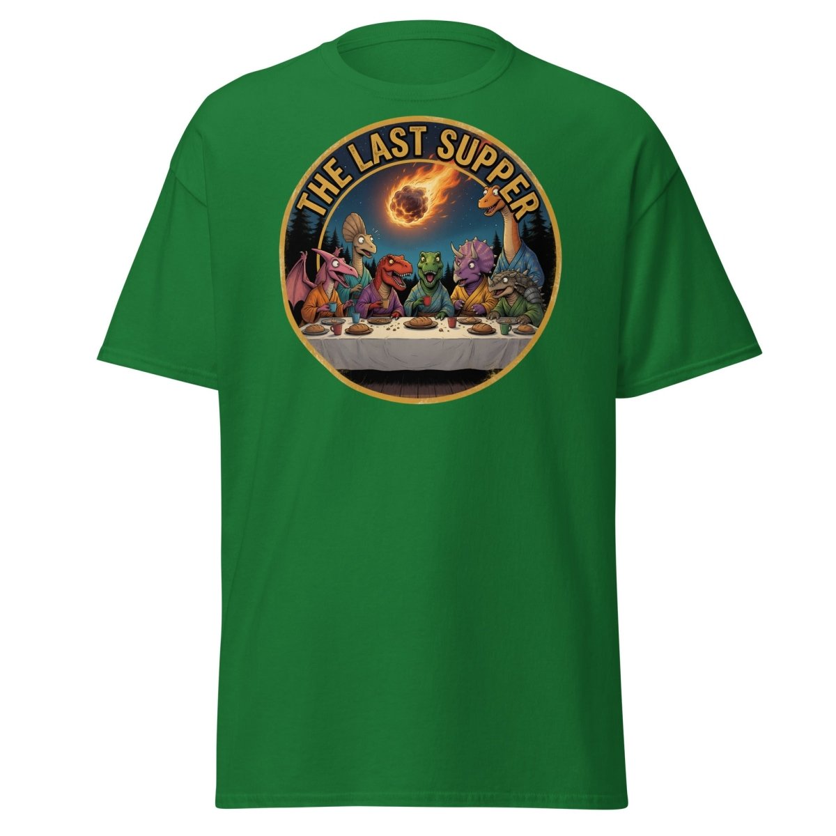 The Last Supper Dinosaur T-Shirt - Funny Dino Apocalypse Tee - Turf Green - TeeRipple