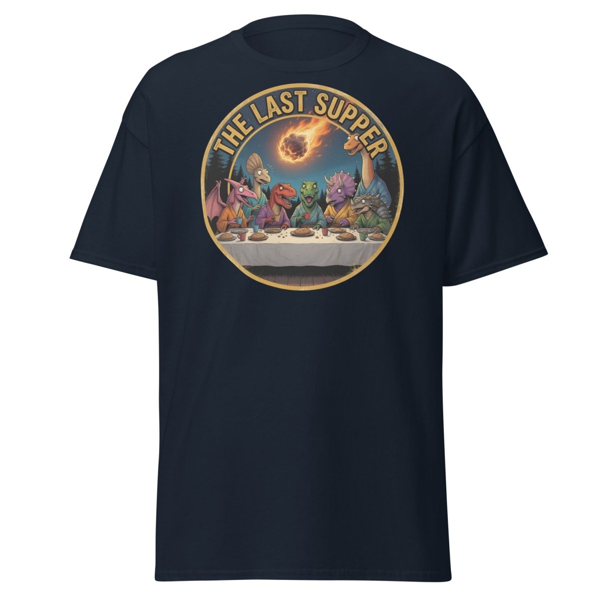 The Last Supper Dinosaur T-Shirt - Funny Dino Apocalypse Tee - Navy - TeeRipple
