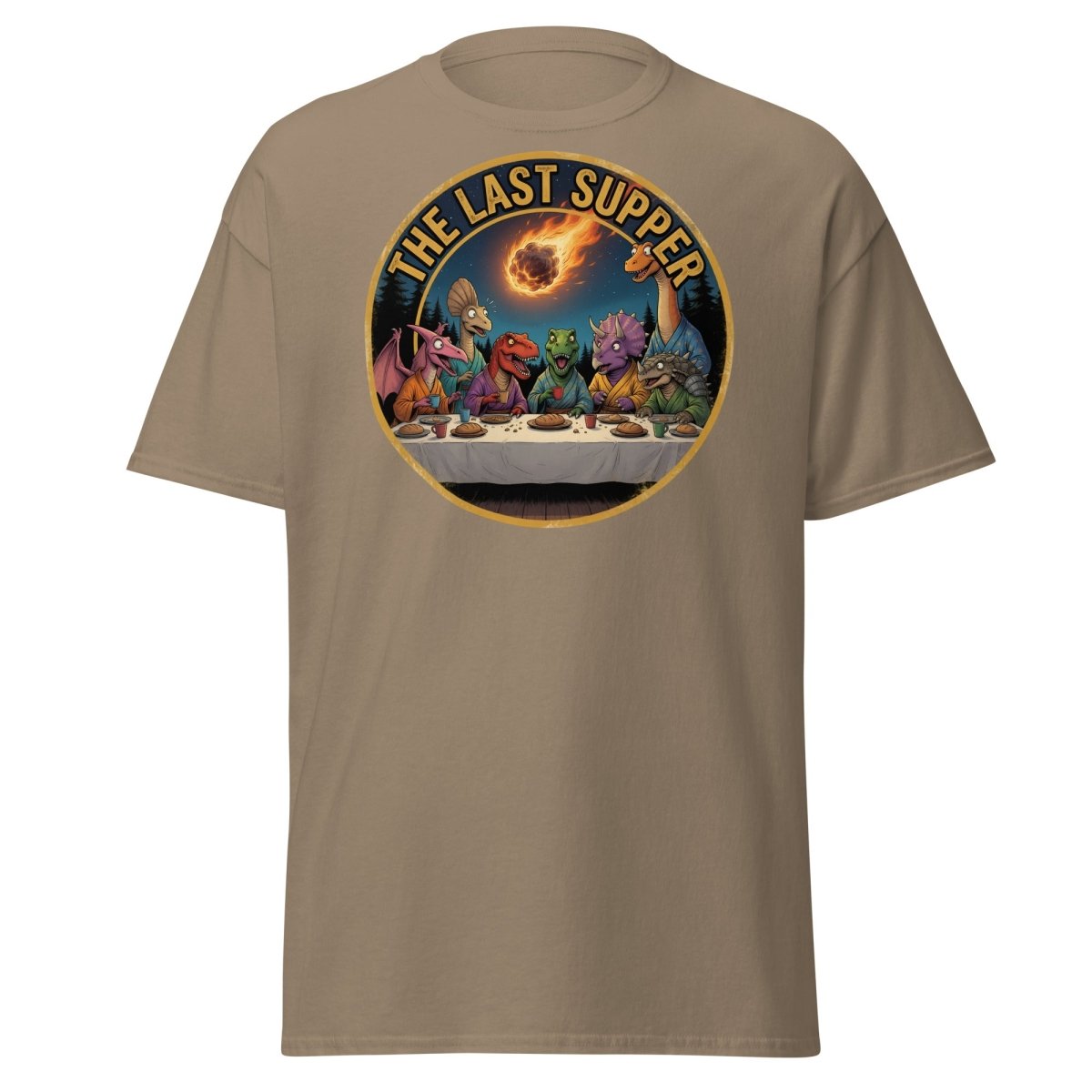 The Last Supper Dinosaur T-Shirt - Funny Dino Apocalypse Tee - Brown Savana - TeeRipple